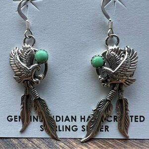 Sterling Silver Turquoise Eagle Feather Earrings Navajo By Annie Spencer